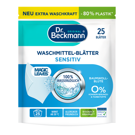 Skalbimo stebuklingi lapeliai DR BECKMANN MAGIC LEAVES 25 vnt Jautriai odai Medvilnės žiedų kvapo